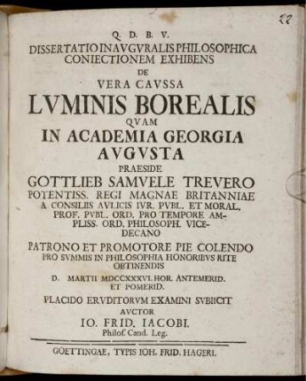 Dissertatio Inauguralis Philosophica Coniectionem Exhibens De Vera Caussa Luminis Borealis