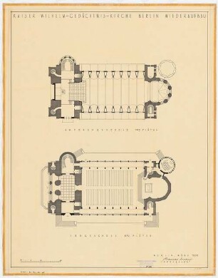 Kaiser-Wilhelm-Gedächtniskirche, Berlin-Charlottenburg: Wiederaufbau, 2 Grundrisse Erdgeschoss und Emporengeschoss, 1:200