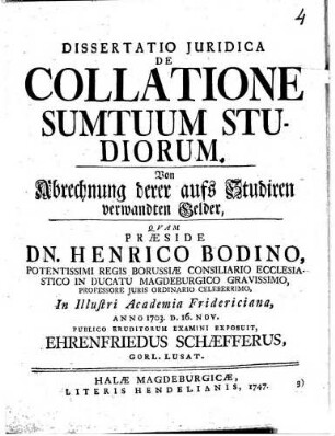 Diss. iur. de collatione sumtuum studiorum, von Abrechnung derer aufs Studiren verwandten Gelder
