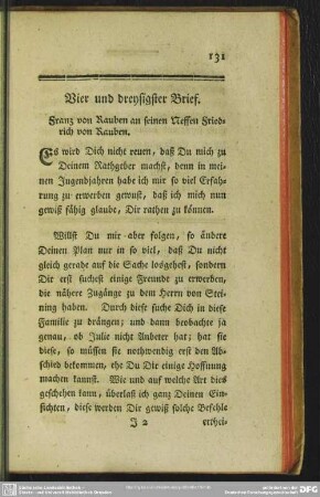 Vier und dreysigster Brief. Franz von Rauben an seinen Neffen Friedrich von Rauben