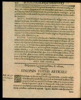 Disputatio Quinquagesima, & ultima, Continens Synopsin Totius Articuli De Christo.