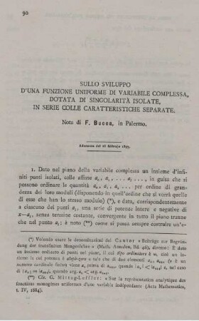 Sullo sviluppo d´una funzione uniforme di variabile complessa, dotata di singolarità isolate, in serie colle caratteristiuche separate.