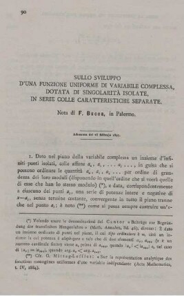 Sullo sviluppo d´una funzione uniforme di variabile complessa, dotata di singolarità isolate, in serie colle caratteristiuche separate.