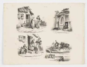 Skizzenblatt mit Szene aus dem bäuerlichen Leben; Gespräch mit einem Priester; rauchender Soldat; Reiter mit drei Pferden; Unterhaltung an einer Mauer, Blatt 9 der Folge "Deuxième série de croquis"