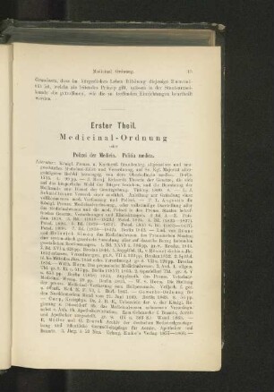 Erster Theil. Medicinal-Ordnung oder Polizei der Medicin. Politia medica.