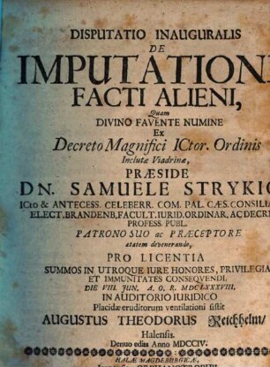 Disputatio Inauguralis De Imputatione Facti Alieni
