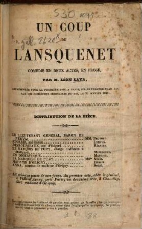 Un Coup de lansquenet : Comédie en 2 actes, en prose