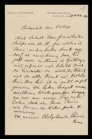Brief von Nathanael Pringsheim an Ernst Ehlers, Berlin, 20.10.1890