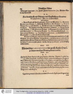 Artic. XX. Mit welchen CAEREMONIEN der grosse Keyser Otto I. zu Achen von Chur Maynz gekrönet worden.