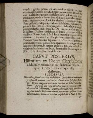 Capvt posterivs, Historiam ex Dione Chrysostomo adductam rationibus consirmans & falsam, quae Homeri aliorumque est, destruens