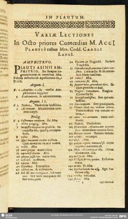 Variae Lectiones In Octo priores Comoedias M. Acci Plauti e tribus Mss. Codd. Caroli Langi[i]