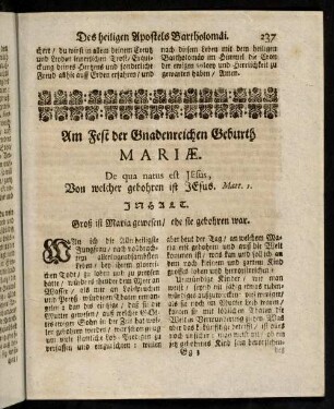 237-256, Am Fest der Gnadenreichen Geburth Mariae. - Am Fest des heiligen Apostels Matthäi.