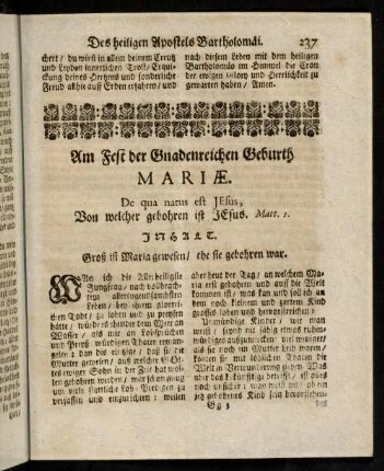 237-256, Am Fest der Gnadenreichen Geburth Mariae. - Am Fest des heiligen Apostels Matthäi.