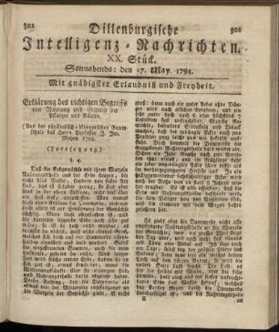 XX. Stück. Sonnabends: den 17. May 1794.