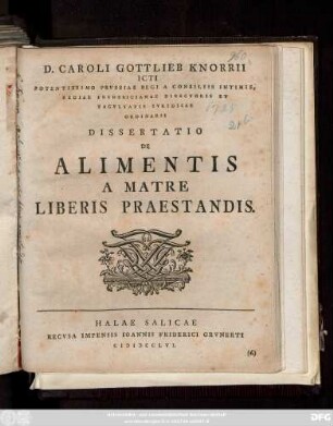 D. Caroli Gottlieb Knorrii ICti ... Dissertatio De Alimentis A Matre Liberis Praestandis