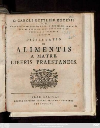 D. Caroli Gottlieb Knorrii ICti ... Dissertatio De Alimentis A Matre Liberis Praestandis