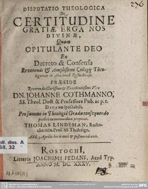 Disputatio theologica de certitudine gratiae erga nos divinae