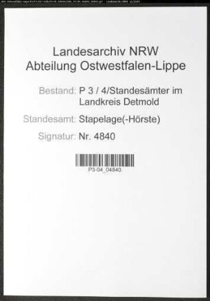 Sterberegister Standesamt Stapelage(-Hörste)