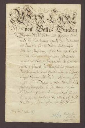 Markgraf Karl Wilhelm III. von Baden-Durlach ratifiziert die zwischen seinen Bevollmächtigten und dem Abt von St. Blasien als Kaiserlichem Kommissar abgeschlossene Übereinkunft über die Flößerei auf der Wiese vom 28.06.1724