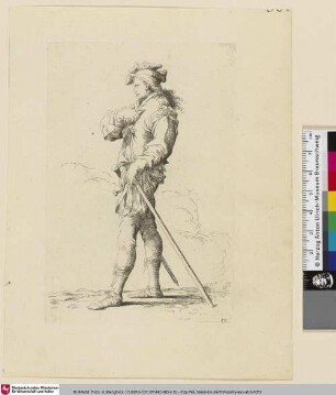 Salvator Rosa Invenit [Stehender Mann im Profil mit Schwert und Stab auf sich selbst zeigend]