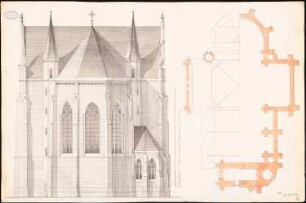 Evangelische Kirche, Krefeld: Fundamentplan und Ansicht des Ostchores
