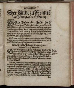 Der Jude[n] zu Franckfurt Stättigkeit und Ordnung