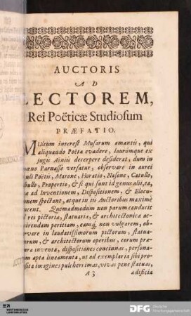 Auctoris Ad Lectorem, Rei Poëticæ Studiosum Præfatio.