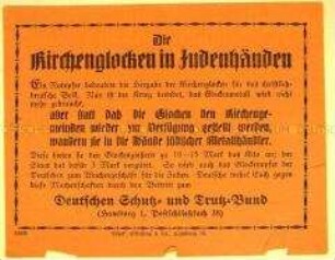 Antisemitischer Beitrittsaufruf des Deutschen Schutz- und Trutzbundes mit Vorwurf an jüdische Metallhändler, die im Krieg getätigten sog. Glockenopfer zum "Wuchergeschäft" zu nutzen