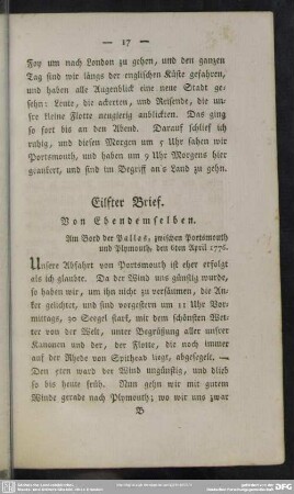 Eilfter Brief. Von Ebendemselben : Am Bord der Pallas, zwischen Portsmouth und Plymouth, den 6ten April 1776