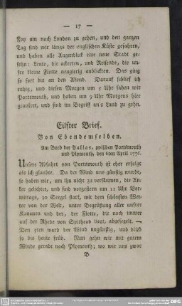 Eilfter Brief. Von Ebendemselben : Am Bord der Pallas, zwischen Portsmouth und Plymouth, den 6ten April 1776
