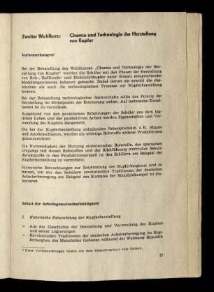 Zweiter Wahlkurs: Chemie und Technologie der Herstellung von Kupfer