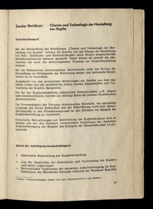 Zweiter Wahlkurs: Chemie und Technologie der Herstellung von Kupfer