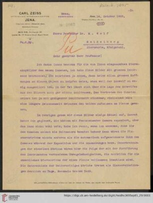Briefe von Carl Pulfrich an Max Wolf: Brief von Carl Pulfrich von Carl Zeiss (Jena) an Max Wolf