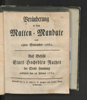 Veränderung in dem Matten-Mandate vom 18ten September 1761