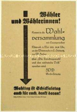 Aufruf der SPD zu einer Versammlung am 8. Mai 1929 zur bevorstehenden sächsischen Landtagswahl