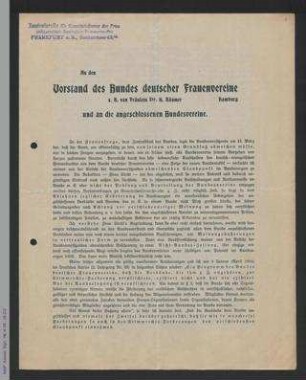Anfrage von Elsbeth Krukenberg an den Vorstand des Bundes Deutscher Frauenvereine z.H. Gertrud Bäumer