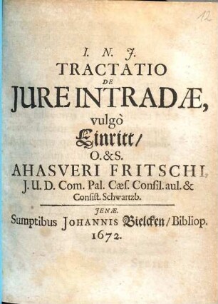 Tractatio De Iure Intradae, vulgo Einritt