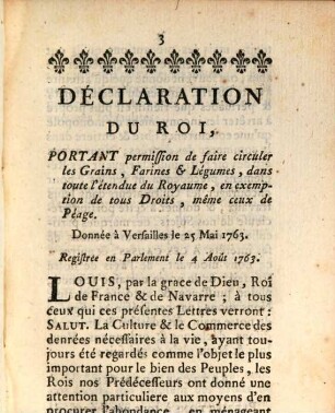Declaration du Roi, portant permission, de faire circuler les grains, farines ...