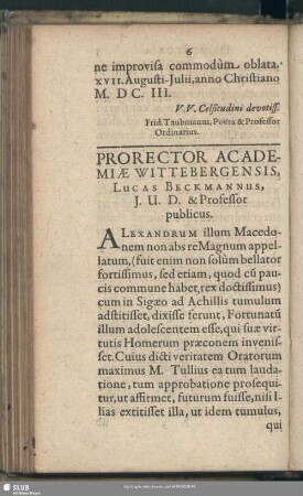 Prorector Academiae Wittenbergensis, Lucas Beckmannus, J. U. D. & Professor publicus