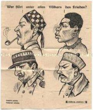 Faltblatt mit Karikaturen auf Engländer, Afrikaner, Franzosen und Chinesen zur Zuweisung der Kriegsschuld auf die Juden (Abbildung zusammengefaltet)
