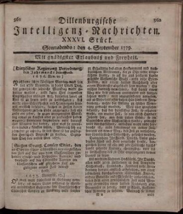 XXXVI. Stück. Sonnabends: den 4. September 1779.
