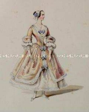 Frau mit blassbraunem Kleid mit blauen Schleifen - Tafel aus Franceschini/Kostümbilder (Kassette 1)