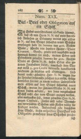 Num. XXX. Biel-Brief oder Obligation auf ein Schiff
