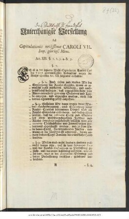 Unterthänigste Vorstellung Ad Capitulationis novissimæ Caroli VII. Imp. glorios. Mem. Art. XII. §. 1. 2. 3. 4. & 5.