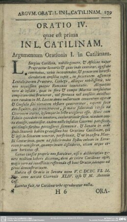 Oratio IV [i.e. VI.]. quae est prima In L. Catilinam. Argumentum Orationis I. in Catilinam