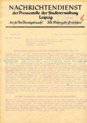 Interner Nachrichtendienst der Stadtverwaltung Leipzig u.a. zur Rede des deutschen Vertreters auf der Weltjugendkonferenz in London und zu einer Rede des britischen Premierministers Attlee ("Nur für den Dienstgebrauch")
