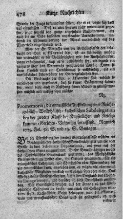Promemoria; die anmaßliche Aufstellung einer Reichsgräflich-Westphälisch-katholischen Subdelegation bey der zwoten Klasse der Kayserlichen und Reichskammer-Gerichts-Visitation betreffend.