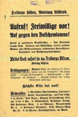 Flugblatt mit Werbung für Freiwillige zur Niederschlagung des Spartakus-Aufstandes