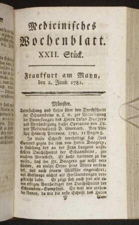 XXII. Stück. Frankfurt am Mayn, den 2. Junii 1781. - XXVI. Stück. Frankfurt am Mayn, den 30. Junii 1781.