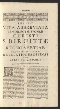 Incipit Vita Abbreviata Praedilectae Sponsae Christi S. Birgittae De Regno Svetiae.
